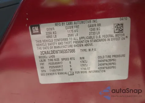 2010 Chevrolet Equinox Lt from USA, damaged, VIN 2CNALDEW7A6357986